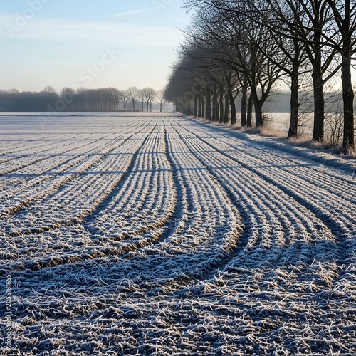 Snowy field with tire tracks