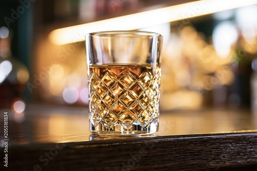 Crystal Whiskey Glass With Amber Drink On Dark Wooden Bar