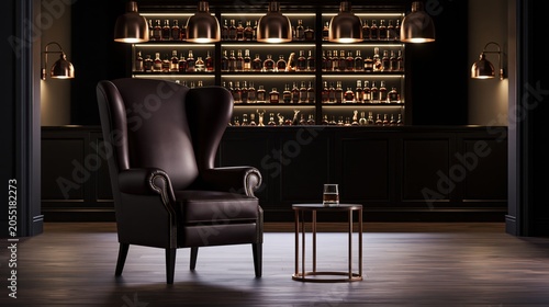 Luxury Whiskey Lounge Interior With Leather Armchair And Bar ShelvesLuxury Whiskey Lounge Interior With Leather Armchair And Bar Shelves