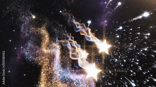 Bright stars and cosmic trails burst across the dark space, showcasing a dynamic flow of light and energy in a vibrant celestial scene with swirling galaxies