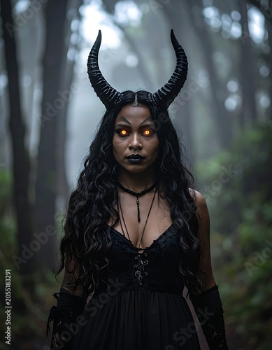 Mysterious woman with horns in forest.
