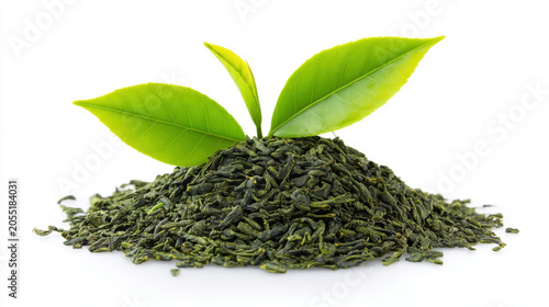 Green tea leaves pile loose leaf tea dried tea leaf fresh leaf herbal ingredient isolated on white natural product organic tea healthy beverage tea plant