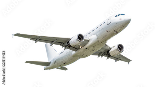 Isolated white passenger jet plane flying high, ascending aircraft, aviation travel and transport