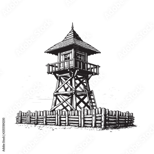 A tall wooden watchtower with a fenced area isolated on white background