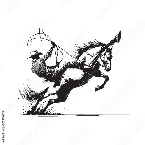 Cowboy riding bucking horse with lasso isolated on white background