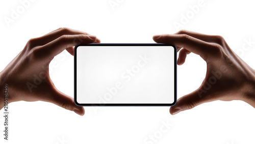 Isolated human hands holding generic black smartphone horizontally with blank screen mockup