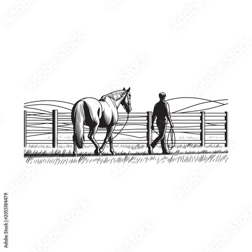 Man walking horse on a leash beside a fence isolated on white background