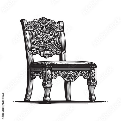 Ornate wooden chair with intricate carvings isolated on white background