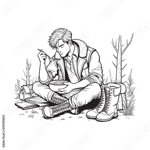 Man sitting on ground eating from bowl outdoors