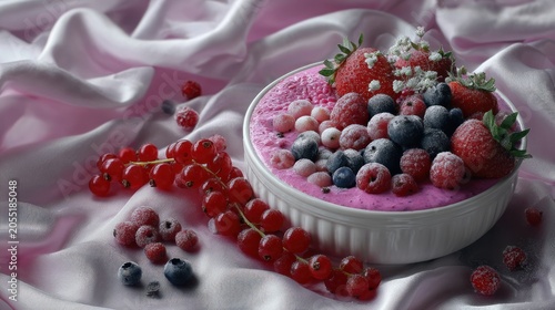Vibrant mixed berries top a smooth pink dessert served on shimmering pink fabric