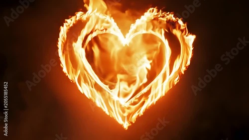 Heart shape formed by flames flickering against a dark background, showcasing the dynamic movement of fire in a visually striking display of light and energy