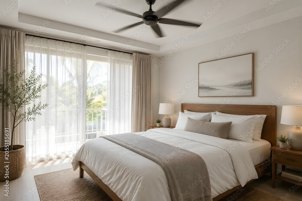 Fototapeta premium Energy Efficient Ceiling Fan in Bright Bedroom