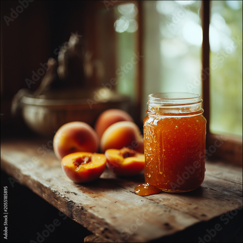 homemade peach jam rustic wooden table