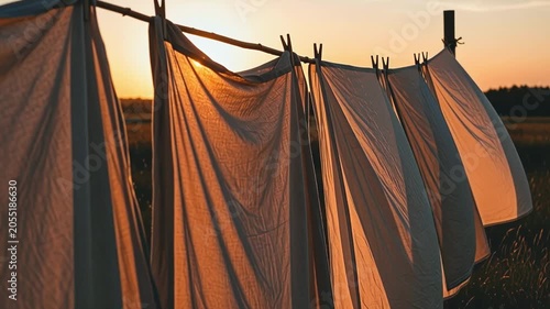 Lifestyle - White Linen Sheets Hanging on Clothesline Blowing in Wind at Golden Hour Sunset Over Rural Farm Field