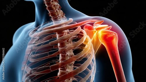 Shoulder Pain Anatomy: A detailed anatomical illustration showcases the human shoulder joint, highlighting areas of inflammation and discomfort, representing the pain and medical condition.