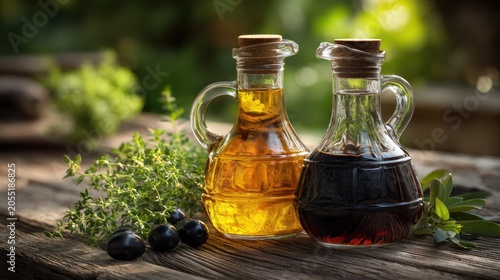 Two glass cruets containing liquid condiments sit beside fresh herbs and dark fruit on a rustic wooden surface outdoors.