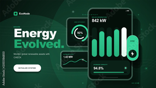 Obraz na płótnie Dark green renewable energy app dashboard with smartphone analytics, solar gener