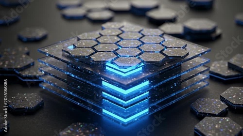 Technology - 3D Animation of Glowing Blue Hexagonal Blockchain Layered Data Structure with Neon Light on Dark Background