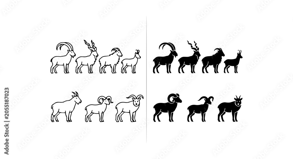 Fototapeta premium Goat icon set outline solid silhouette, white background