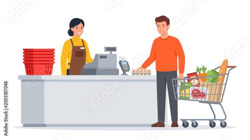 Female cashier serving a male customer at a supermarket checkout counter with a full grocery cart on white background, illustrating retail shopping, provides store marketing materials