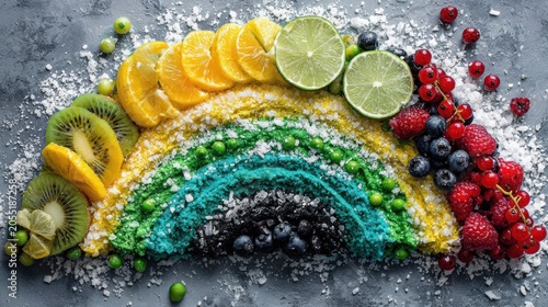 Fresh colorful fruits arranged artfully in a vibrant rainbow pattern upon a textured surface.