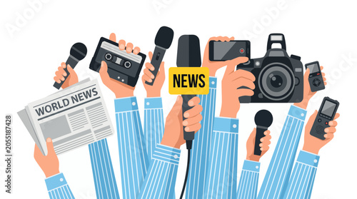 Journalists hands in blue shirts holding microphones, camera, digital recorder and world news paper on white background, illustrating media interview and covering press conference event