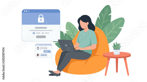 Woman sitting on a bean bag chair working on her laptop with floating digital interface windows and security lock icon, illustrating remote network security and provides digital protection