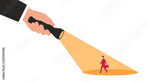 Big hand holding flashlight shining yellow light on small businessman in suit with briefcase, Represents talent scouting recruitment and symbolizes professional career search discovery