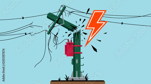Broken green wooden electric utility pole with snapped wire cables and red transformer on blue background, symbolizing power outage emergency or electrical infrastructure maintenance needs