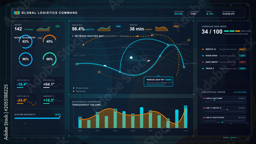 Fotografie Dark global logistics command dashboard with routing map, telemetry gauges, thro