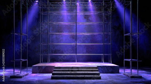 Empty industrial staging area illuminated by dramatic overhead spotlights on a textured background