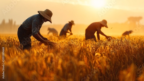 Farm workers gathering mature wheat in a glowing golden field at sunset, depicting seasonal agricultural harvest, rural countryside life, teamwork	
