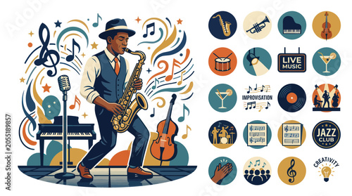 Tableau sur toile Jazz Musician Playing Saxophone with Musical Notes and Icons