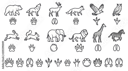 Photography Wild Animals and Paw Prints Collection - Hand Drawn Vector Art