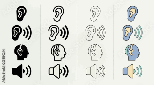 Foto a Hearing Listening vectors Set featuring stylized ear symbols, sound waves, a
