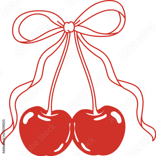 Cherry Pair With Ribbon Line Art