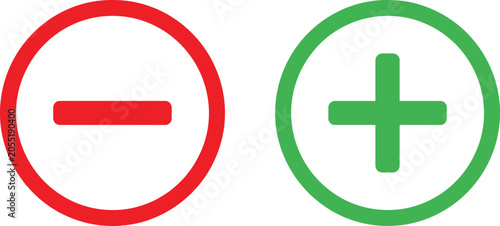 Fotografie Red minus sign and green plus sign icons in circles representing positive and ne