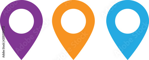 Three colorful map pointer location pins in purple orange and blue