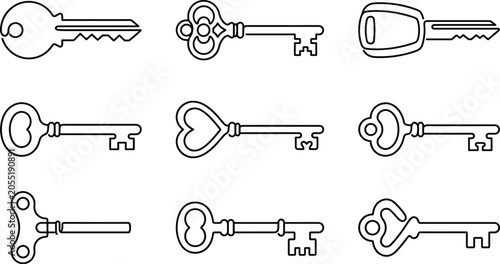 Vintage and modern key collection featuring skeleton keys house keys heart shaped keys and security access symbols