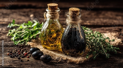 Two rustic glass cruets containing golden oil and dark liquid stand on a burlap cloth with herbs and spices.