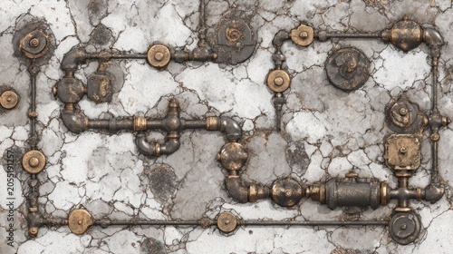 Intricate network of aged metallic pipes and fittings mounted on a weathered stone surface.