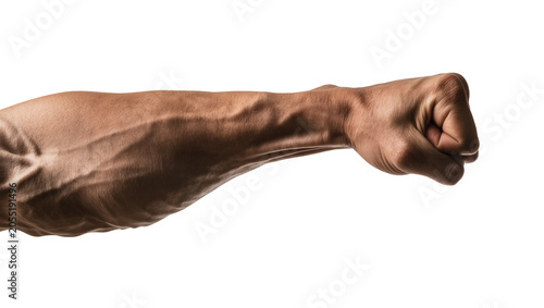 Fotografie Isolated powerful male arm with visible veins clenched into a fist, showing stre