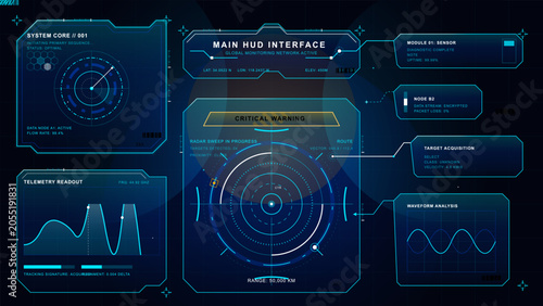 Fotografía Futuristic main HUD interface with radar sweep, critical warning panel, telemetr