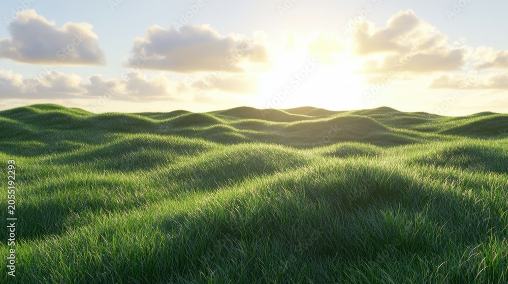 Obraz premium Rolling Green Hills Under Golden Sunlight and Clouds