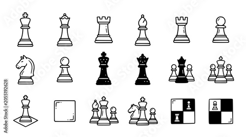 Tableau sur toile Collection of Hand-Drawn Chess Pieces and Board Elements on White Background
