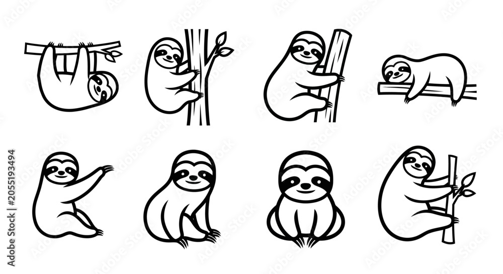 Fototapeta premium Cute Sloth Illustration Set Featuring Various Adorable Poses and Simple Line Art