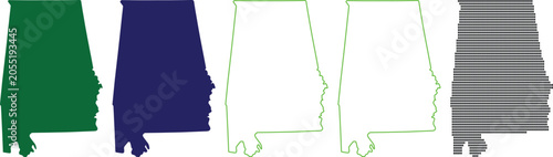 Collection of Alabama state map outlines in various colors and patterns isolated on white background