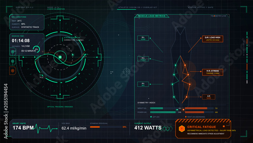 Obraz na płótnie Dark athletic performance HUD showing stride tracking radar, muscle load metrics