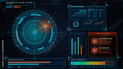 Obraz na płótnie Dark futuristic defense visor HUD with radar tracking, turret telemetry, recoil