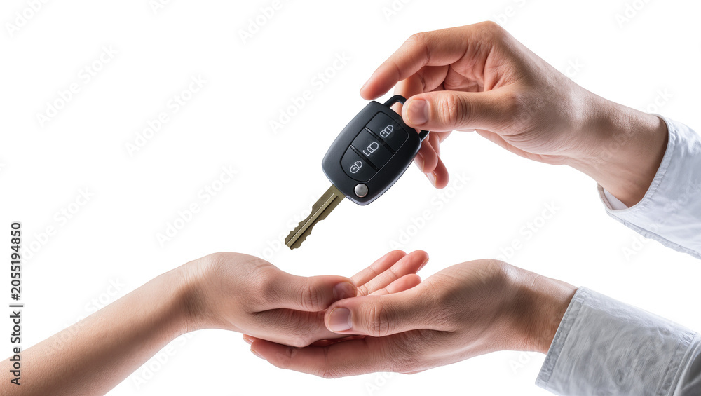 Fototapeta premium Isolated male hand passing a modern car key with remote control buttons to a recipient's hand